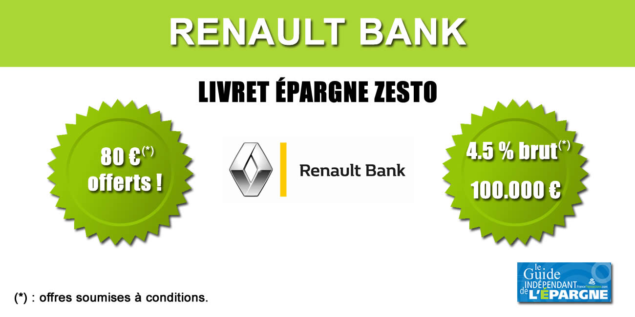 Le livret épargne ZESTO de Renault Bank propose un taux de 4.50 % brut