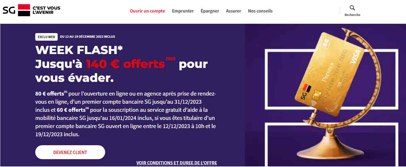 140 euros offerts chez SG pour l'ouverture de votre compte courant